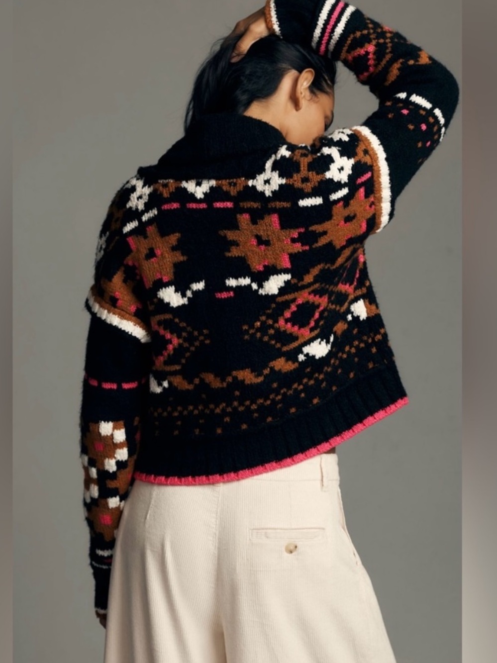 Anthropologie Thick knit Aztec Boho Black Shawl-Collar Cardigan 3 snap closure L - Picture 2 of 16